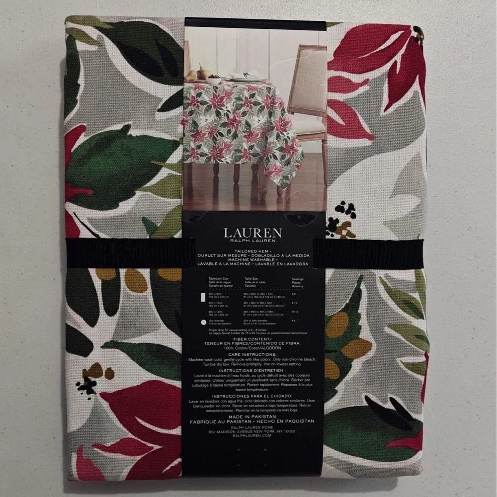 NEW Ralph Lauren Christmas Tablecloth Poinsettia 60 X 120 Oblong Cotton Floral